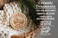 Ceramic ornaments, specifically a ceramic ornament with a mountain and river design, are displayed in a woven basket.