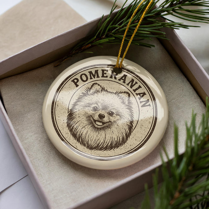 A decorative ornament featuring a Pomeranian dog's face, placed in a box with pine branches.