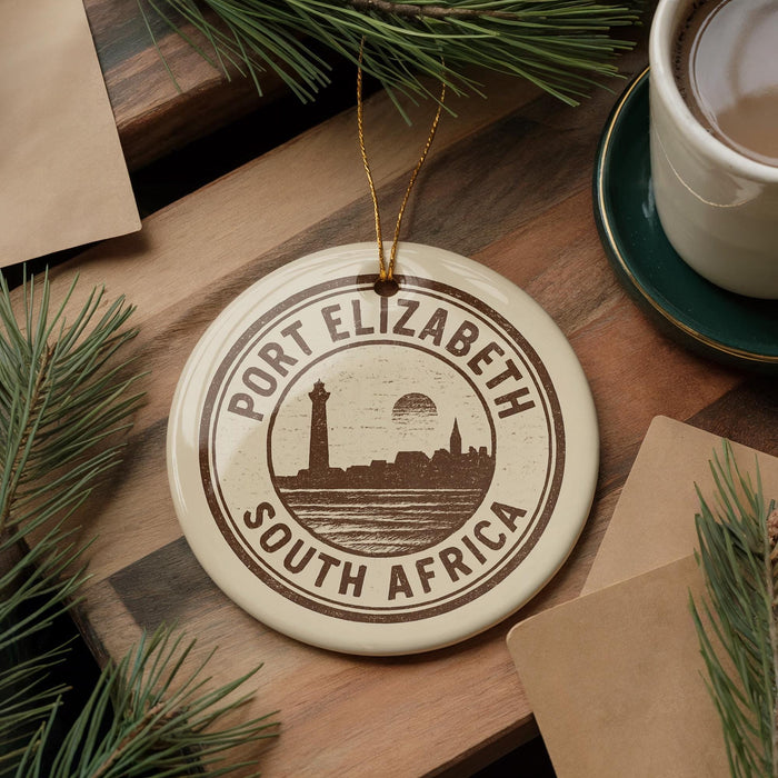 A circular ornament with the text "PORT ELIZABETH SOUTH AFRICA" printed on it, surrounded by pine branches and a cup of coffee on a wooden surface.