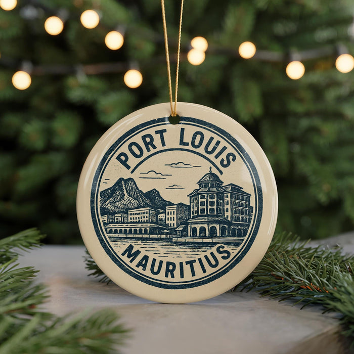 A circular ornament with a design depicting a cityscape and mountains, with the text "PORT LOUIS MAURITIUS" prominently displayed.