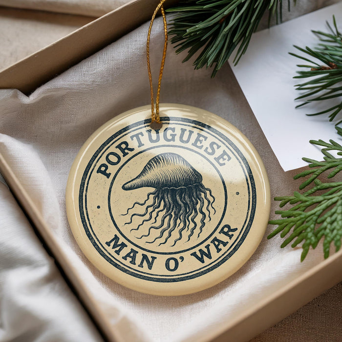 A round ornament with the text "PORTUGUESE MAN O' WAR" printed on it, hanging from a string.