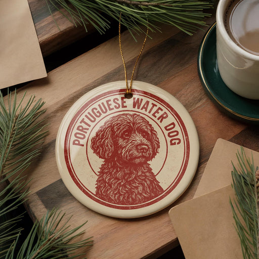 A round ornament featuring a red and white illustration of a Portuguese Water Dog, with the text "Portuguese Water Dog" printed on it, is displayed on a wooden surface alongside a cup of coffee and some pine branches.