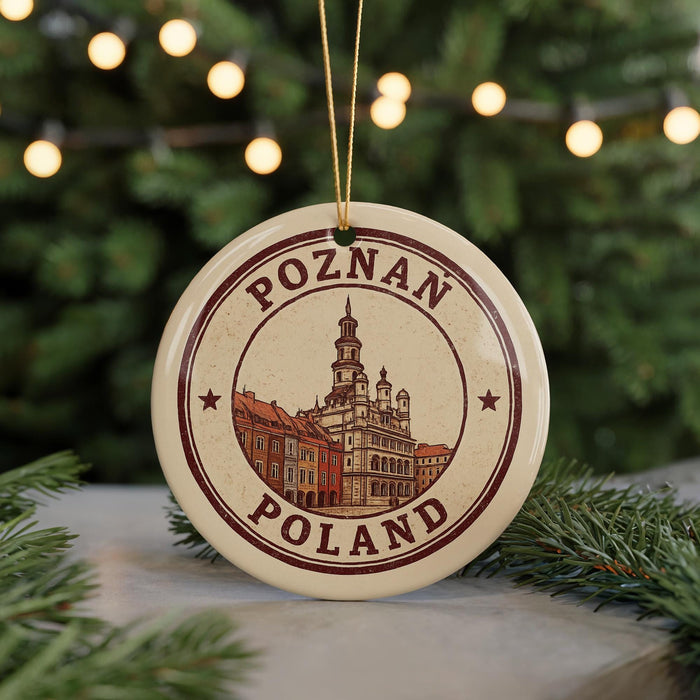 A circular ornament with the text "POZNAN POLAND" and an illustration of a building, hanging from a string against a blurred background of Christmas lights.