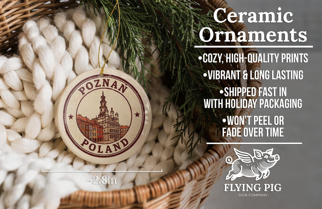 a ceramic ornament hanging from a wicker basket, with a description of the ornament and its features.