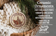 a ceramic ornament hanging from a wicker basket, with a description of the ornament and its features.