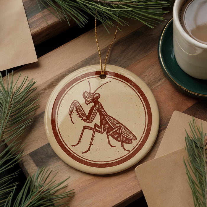 a round ornament with a detailed illustration of a praying mantis on a wooden surface, surrounded by pine branches and a cup of coffee.