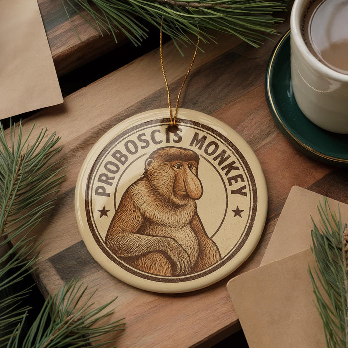 A round ornament featuring a monkey with the text "PROBOSCIIS MONKEY" on it, placed on a wooden surface next to a cup of coffee and some pine branches.