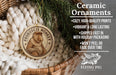 Ceramic ornaments, featuring a ceramic monkey ornament with a tagline, are displayed in a woven basket.