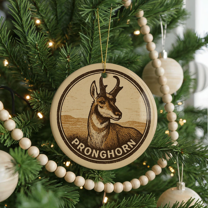 A Christmas tree decorated with ornaments, including a circular ornament with a deer image and the word "PRONGHORN" written on it.