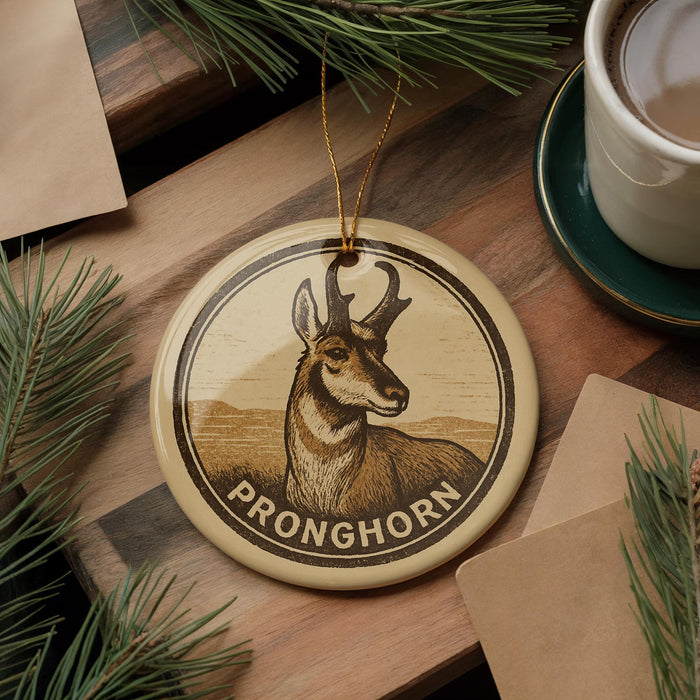 A round ornament featuring a close-up image of a pronghorn deer, with the word "PRONGHORN" written around the edge. The ornament is hanging from a string, and there is a cup of coffee and some pine branches in the background.