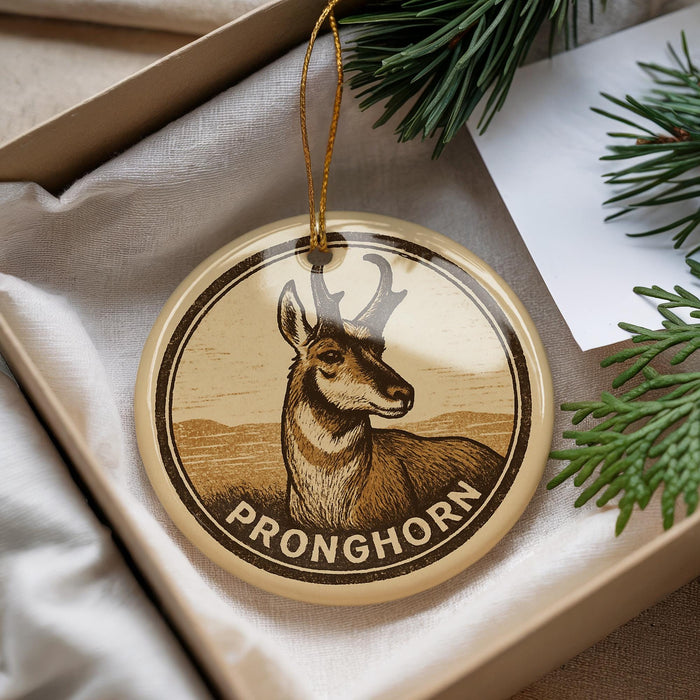 A round ornament with a deer image and the word "PRONGHORN" printed on it, placed in a box with pine branches.