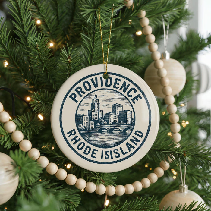 A Christmas tree decorated with ornaments, including a circular ornament with the text "PROVIDENCE RHODE ISLAND" and a cityscape design.