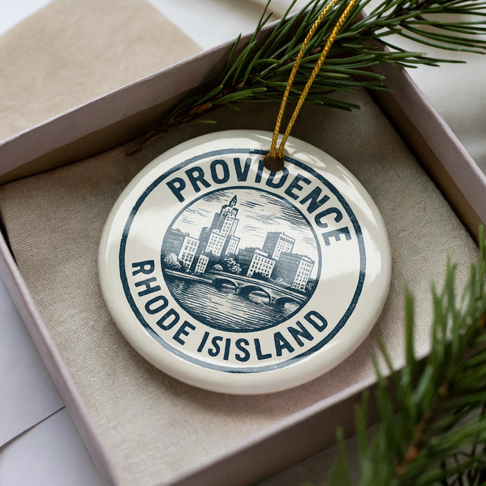 A decorative ornament with the text "PROVIDENCE RHODE ISLAND" on it, surrounded by pine branches.
