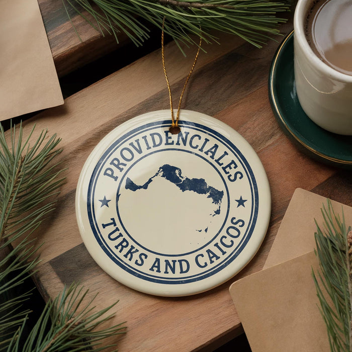 A decorative ornament with the text "PROVIDENCIALES TURKS AND CAICOS" on it, along with a map of the Caribbean region, is displayed on a wooden surface.
