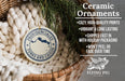 Ceramic ornaments, featuring a blue and white design with text and a bird image, are displayed in a woven basket.