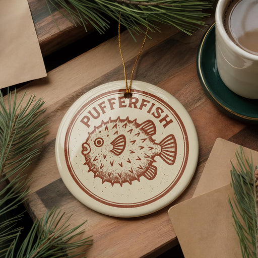 A circular ornament with the word "PUFFERFISH" printed on it, surrounded by pine branches and a cup of coffee on a wooden surface.