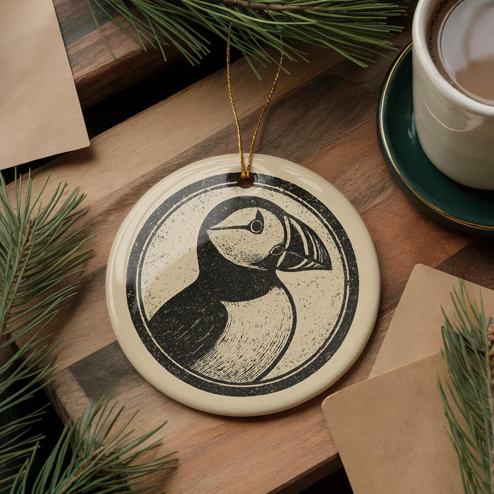 a decorative ornament with a black and white illustration of a bird, likely a puffin, hanging on a wooden surface. There is also a cup of coffee and some pine branches in the background.