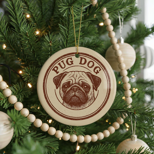 A Christmas tree decorated with ornaments, including a circular ornament with a pug dog image and the word "PUG" written on it.