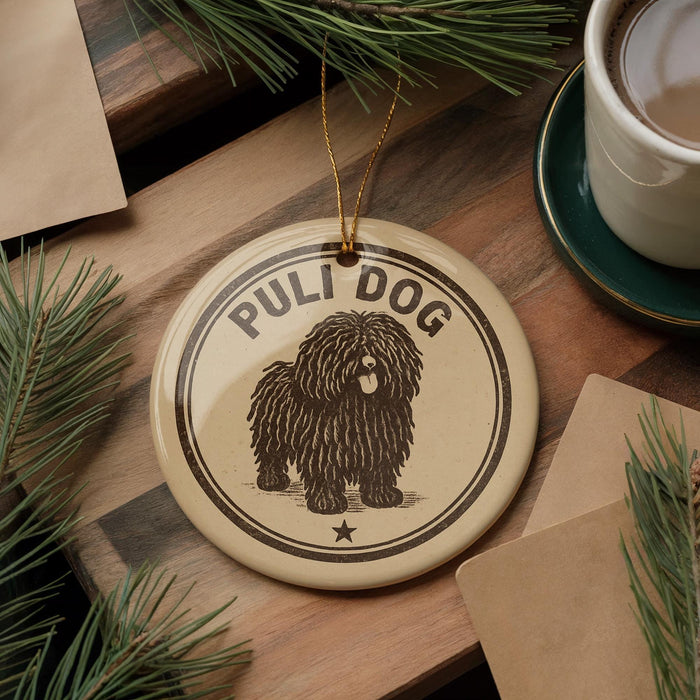 A round ornament with the text "PULI DOG" and an illustration of a shaggy dog is displayed on a wooden surface, surrounded by pine branches and a cup of coffee.