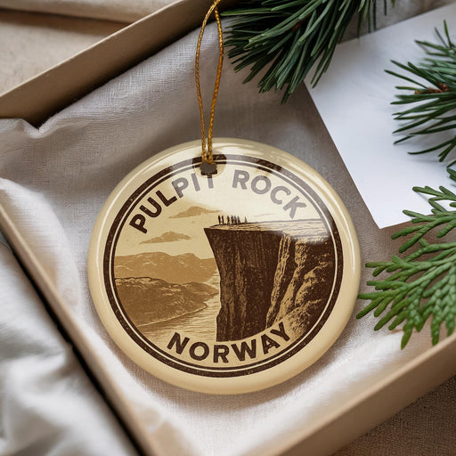A round ornament with the text "PULPIT ROCK NORWAY" printed on it, hanging from a string.