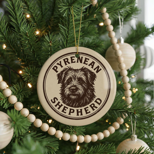 A Christmas tree decorated with ornaments, including a circular ornament with a dog's face and the text "PYRENEAN SHEPHERD".