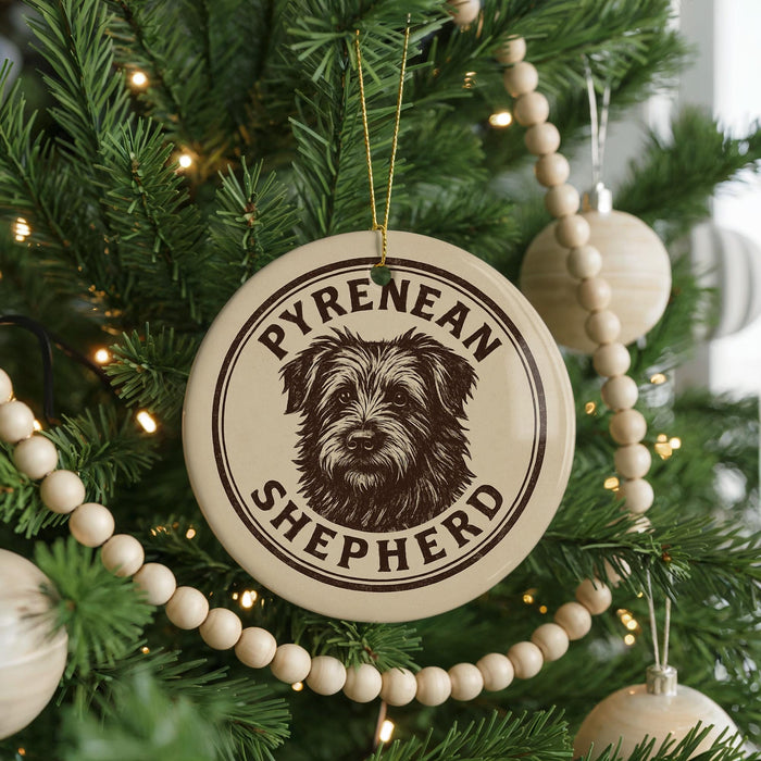 A Christmas tree decorated with ornaments, including a circular ornament with a dog's face and the text "PYRENEAN SHEPHERD".