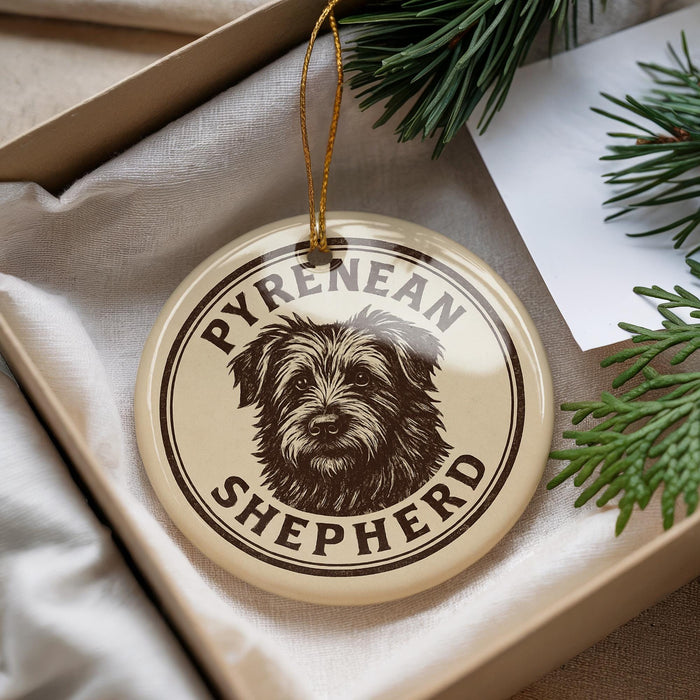 A circular ornament with a dog's face and the text "PYRENEAN SHEPHERD" printed on it, hanging from a string.