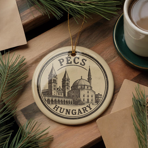 A decorative ornament featuring a circular design with the text "PECS HUNGARY" and an illustration of a church, placed on a wooden surface alongside a cup of coffee and pine branches.