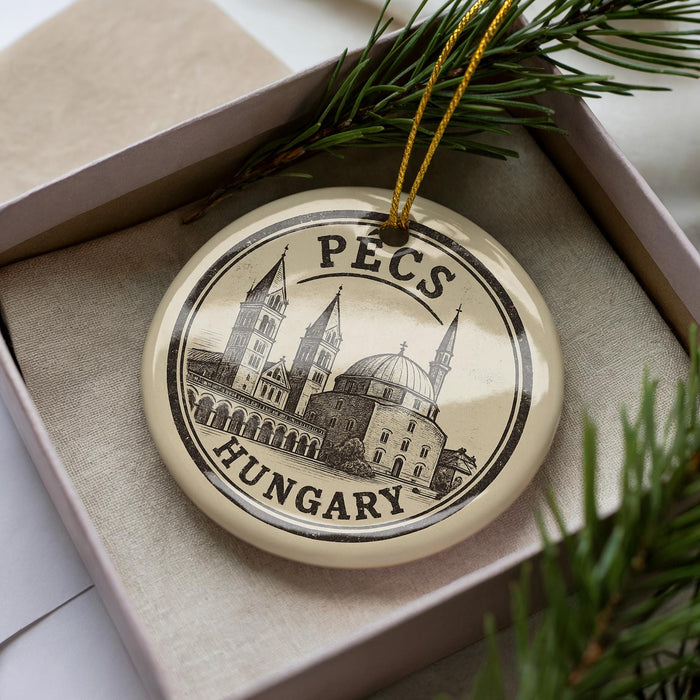 A decorative ornament in a box, featuring a circular design with a drawing of a building and the text "PECS HUNGARY" printed on it.