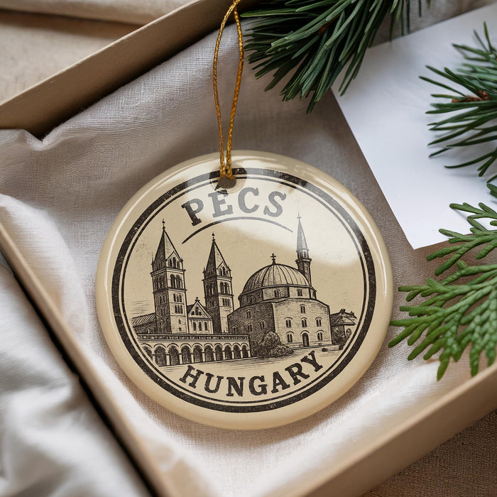 A circular ornament with a drawing of a building and the text "PECS HUNGARY" is displayed in a box with pine branches.