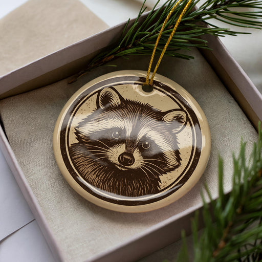 A ceramic ornament in the shape of a raccoon's face, with a brown and beige color scheme, is displayed in a box surrounded by pine branches.