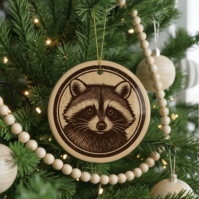 A Christmas tree decorated with ornaments, including a raccoon-themed ornament hanging from the tree.