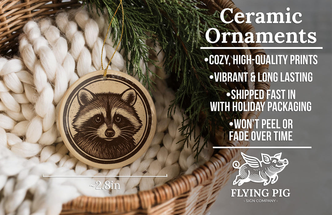 Ceramic ornaments, featuring a raccoon image, are displayed in a wicker basket.