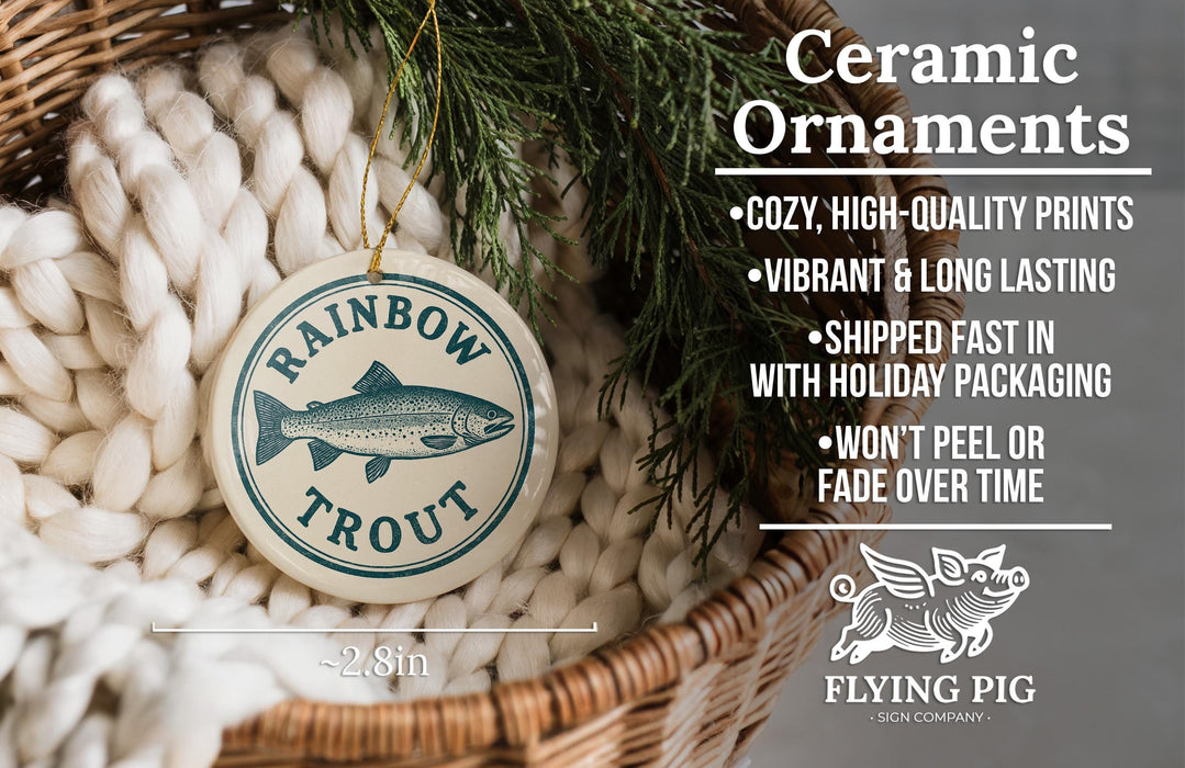 Ceramic ornaments, specifically a ceramic "Rainbow Trout" ornament, are displayed in a woven basket. The text highlights the ornament's features, such as being cozy, high-quality, vibrant, and long-lasting, and mentions that it is shipped fast in holiday packaging, won't peel or fade over time, and is 2.8 inches in diameter.