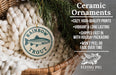 Ceramic ornaments, specifically a ceramic "Rainbow Trout" ornament, are displayed in a woven basket. The text highlights the ornament's features, such as being cozy, high-quality, vibrant, and long-lasting, and mentions that it is shipped fast in holiday packaging, won't peel or fade over time, and is 2.8 inches in diameter.