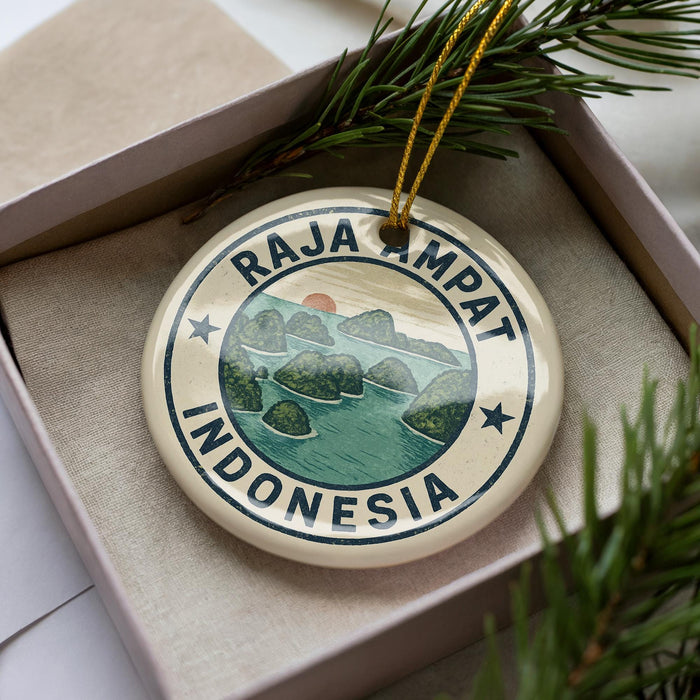 A circular ornament with the text "RAJA AMPAT INDONESIA" printed on it, surrounded by a border of stars and a landscape illustration.