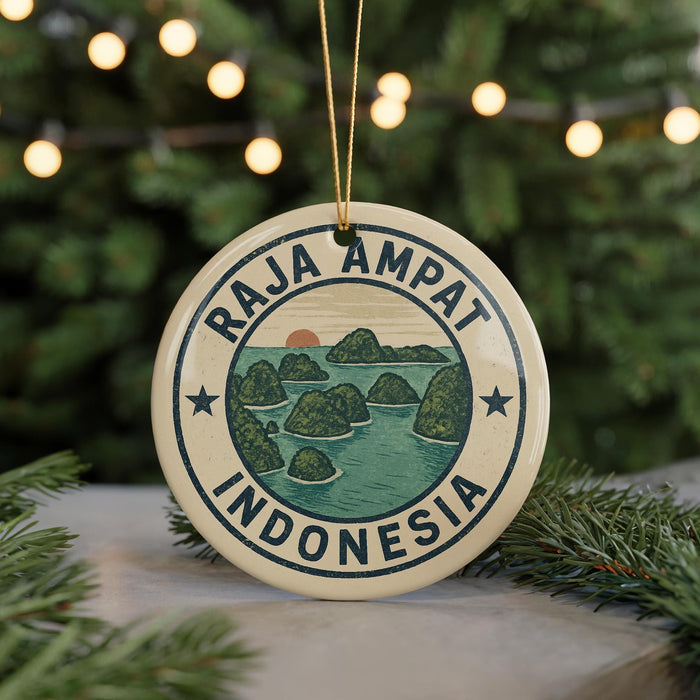 A circular ornament with the text "RAJA AMPAT INDONESIA" and an illustration of a tropical island landscape.