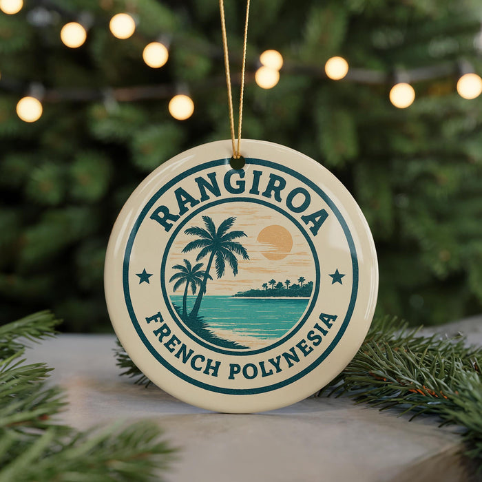 A circular ornament with the text "RANGIRO A FRENCH POLYNESIA" and a palm tree design, hanging from a string.