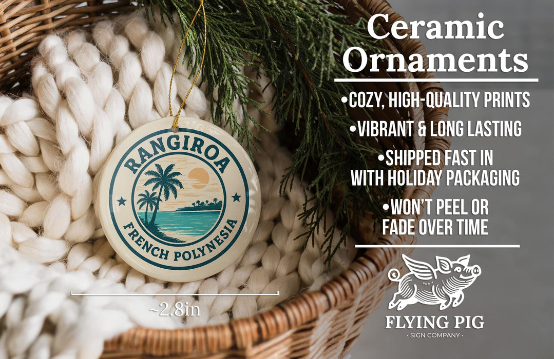Ceramic ornaments, specifically a Rangiroa French Polynesia ornament, are displayed in a woven basket. The ornament is described as having a tropical beach scene and is described as having a cozy, high-quality print, vibrant and long-lasting, and being shipped fast in holiday packaging. The ornament is not described as being peelable or faded over time.