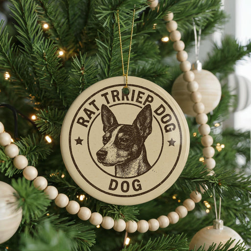 A Christmas tree decorated with ornaments, including a circular ornament with a picture of a Rat Terrier Dog and the text "RAT TRIPER DOG DOG" around the edge.