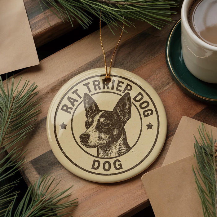 A round ornament with a dog's head and the text "RAT TRIPER DOG" is displayed on a wooden surface, surrounded by pine branches and a cup of coffee.