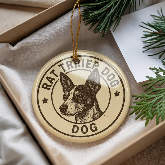 A decorative ornament featuring a dog's head and the text "RAT TRIPER DOG" is displayed in a box with pine branches.