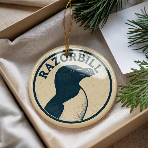 A round ornament with a penguin design and the word "RAZORBILL" printed on it, hanging from a string.