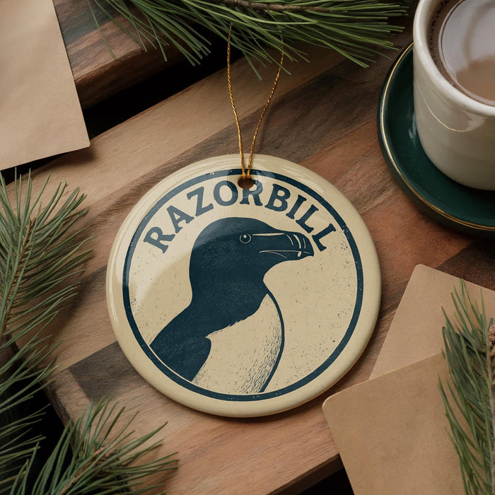 A circular ornament with the word "RAZORBILL" in the center, featuring a stylized penguin design, is displayed on a wooden surface alongside a cup of coffee and some pine branches.