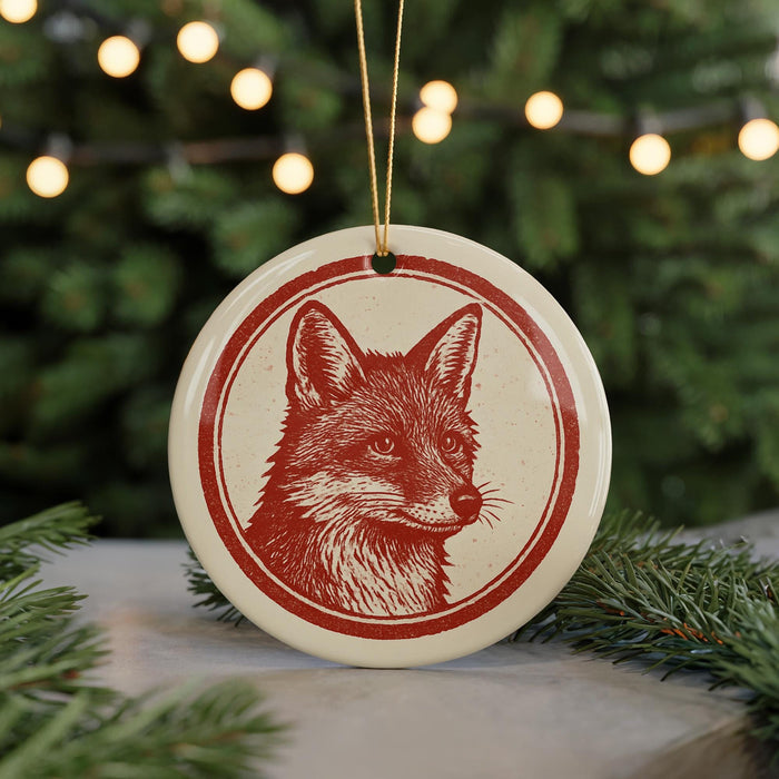 A red and white ceramic ornament featuring a fox's head is displayed on a table, surrounded by pine branches and twinkling lights.