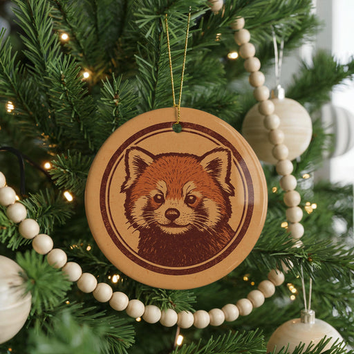 A Christmas tree decorated with ornaments, including a wooden ornament featuring a red panda face.