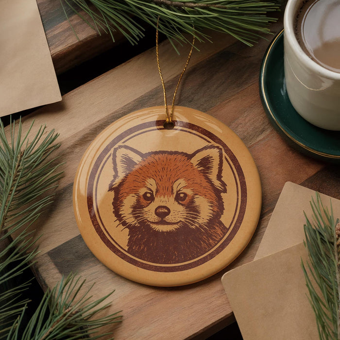 a red panda ornament hanging on a wooden surface, surrounded by pine branches and a cup of coffee.