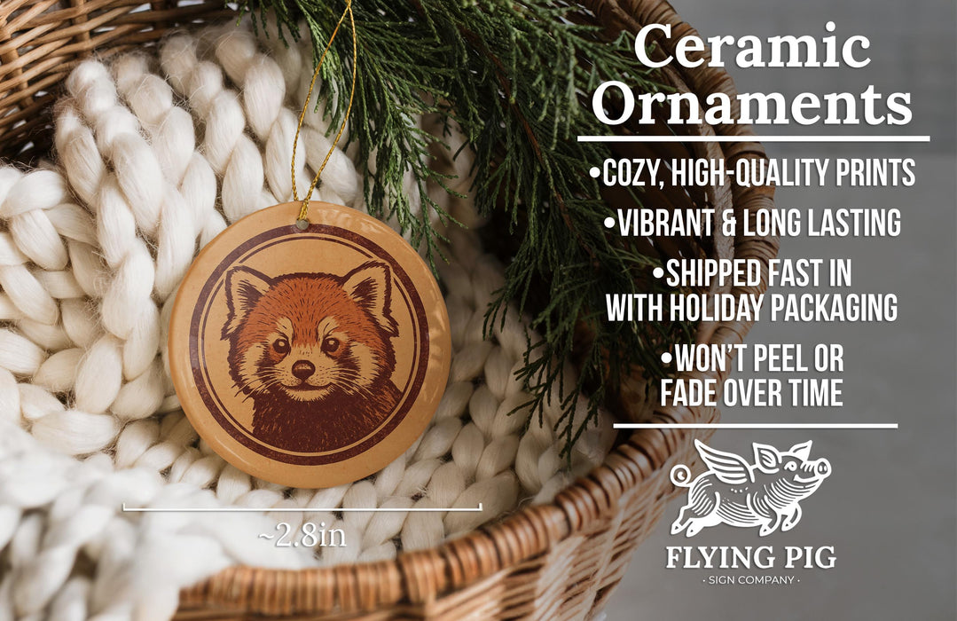 Ceramic ornaments, featuring a red panda, are displayed in a woven basket.