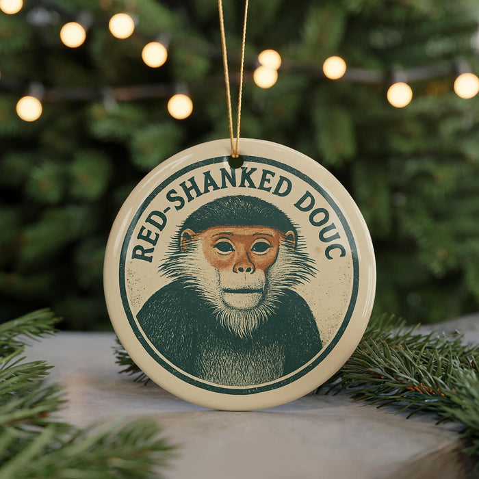 A round ornament featuring a monkey with a green and white pattern, hanging from a string against a blurred background of Christmas lights and greenery.
