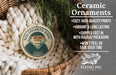 Ceramic ornaments featuring a monkey, with text describing the ornaments as "cozy, high-quality prints, vibrant and long lasting, shipped fast in with holiday packaging, won't peel or fade over time" and the company name "FLYING PIG - SIGN COMPANY".